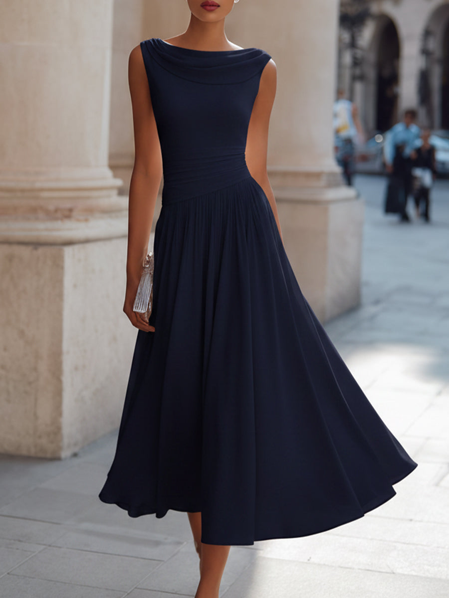 Dorvelli | Women's Midi Dress – Draped Neck Sleeveless - Navy