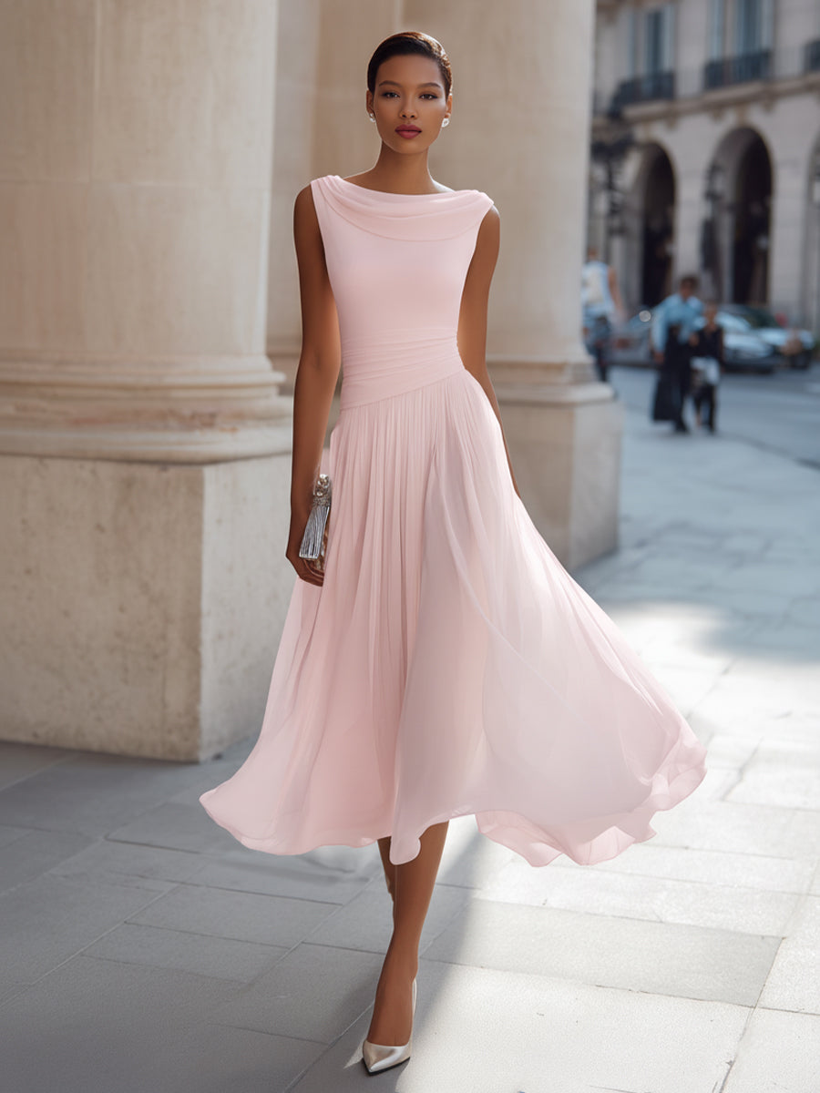 Dorvelli | Women's Midi Dress – Draped Neck Sleeveless - Pink