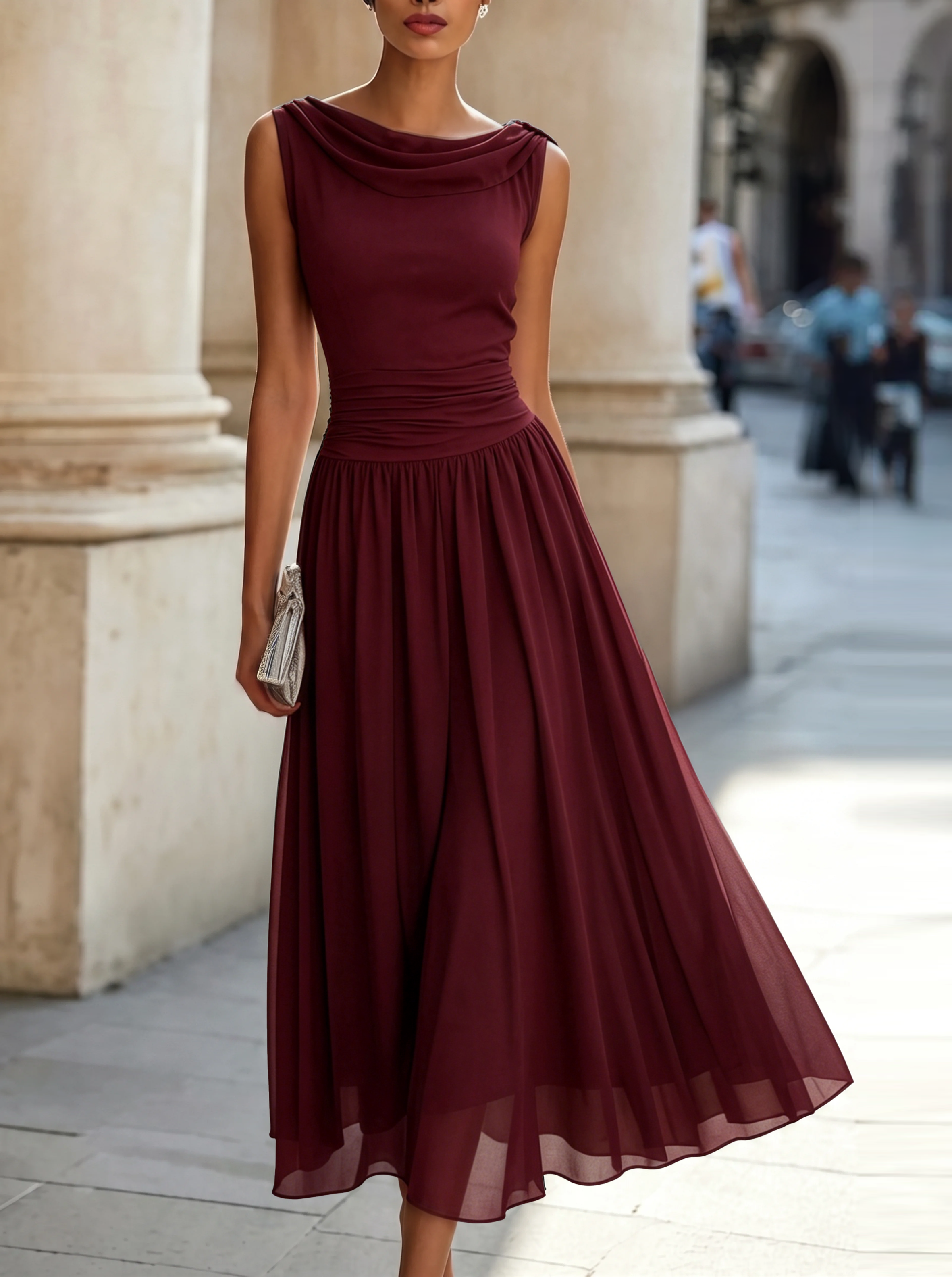 Dorvelli | Women's Midi Dress – Draped Neck Sleeveless - Wine Red