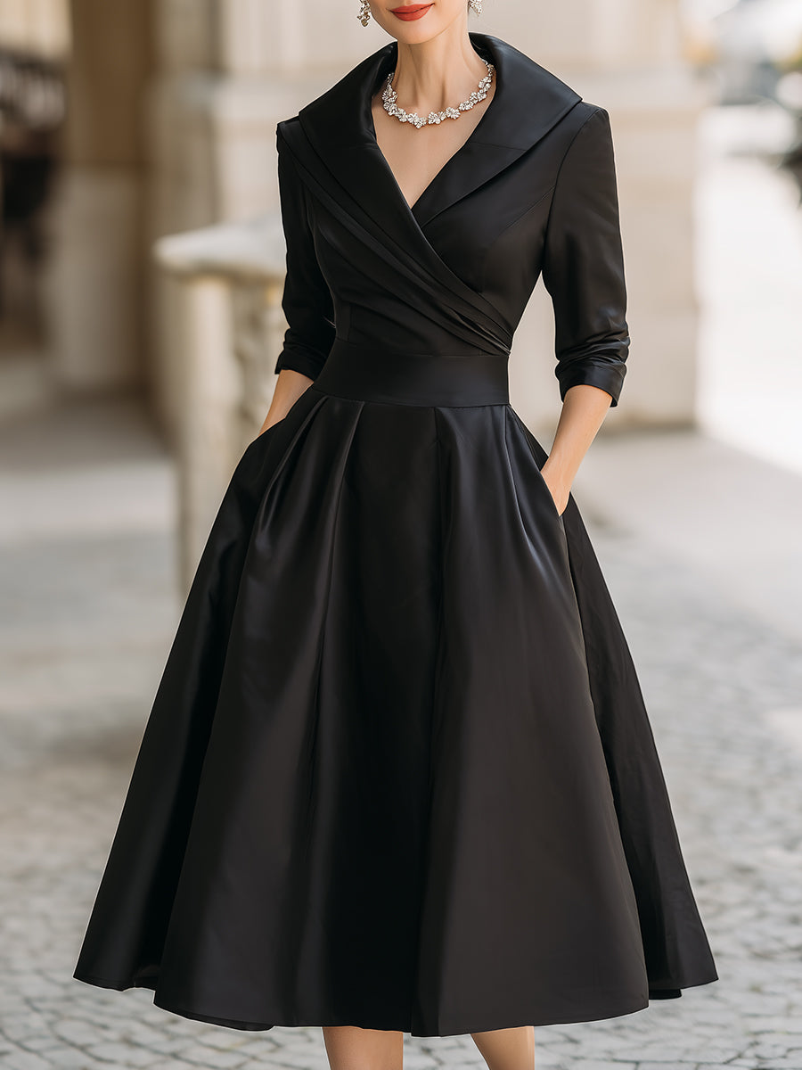 Dorvelli | Women's Midi Dress – Vintage Satin Draped Collar - Black