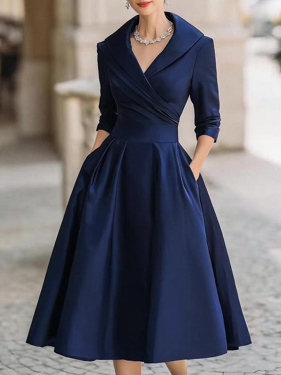 Dorvelli | Women's Midi Dress – Vintage Satin Draped Collar - Navy