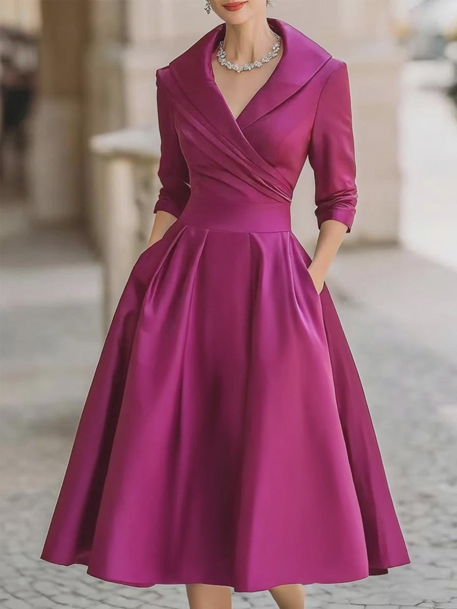 Dorvelli | Women's Midi Dress – Vintage Satin Draped Collar - Rose Red