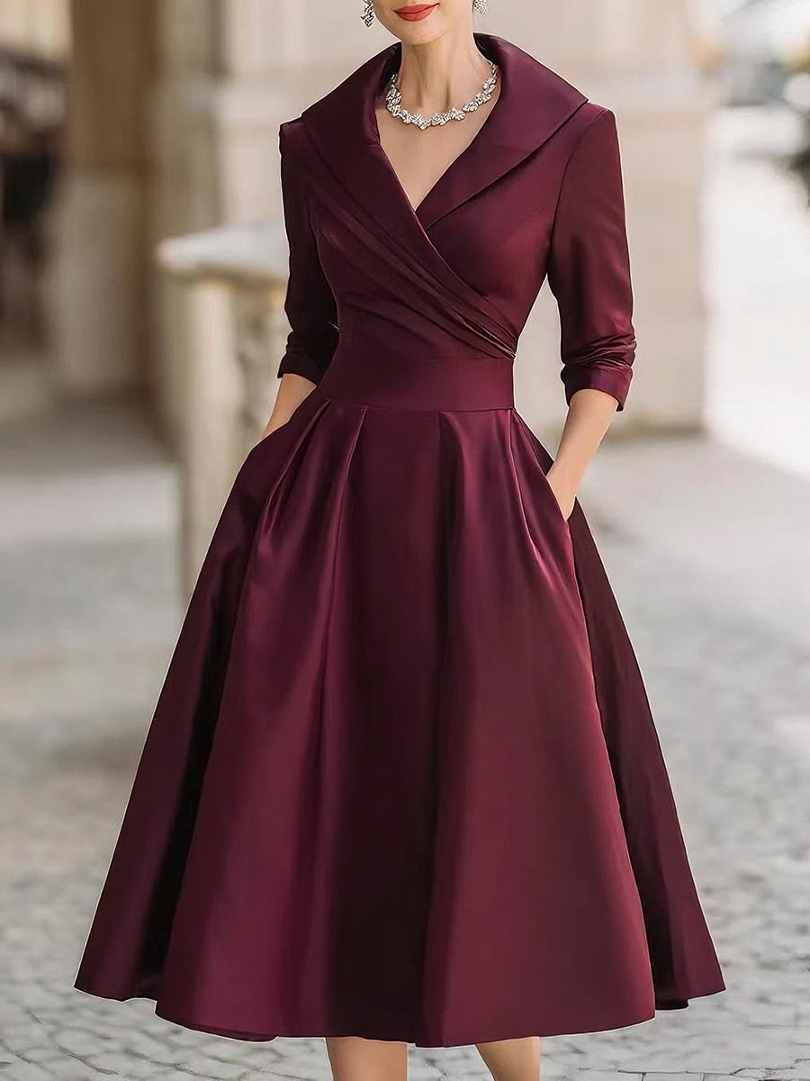 Dorvelli | Women's Midi Dress – Vintage Satin Draped Collar - Wine Red