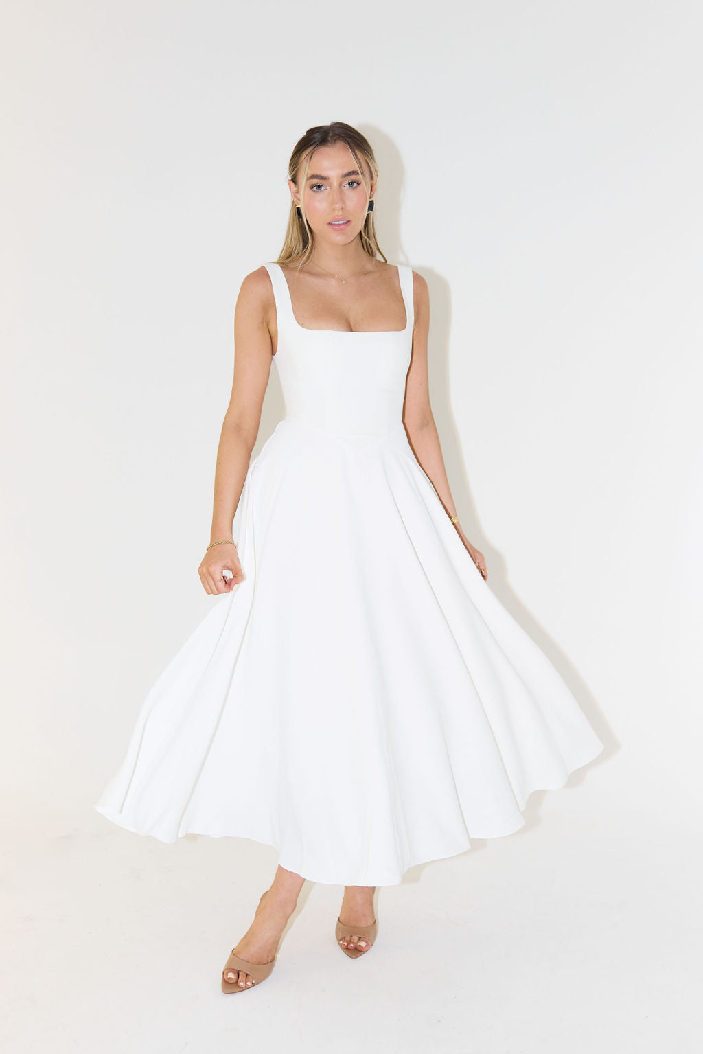 Dorvelli | Women's Midi Dress – Square Neck Sleeveless - White