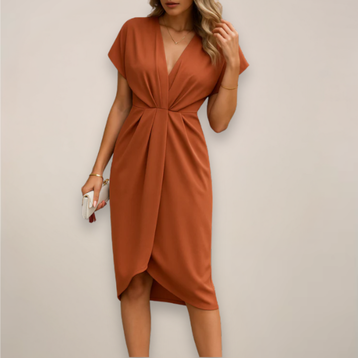 Dorvelli | Women's Midi Dress – Wrap Elegant Silhouette - Rust