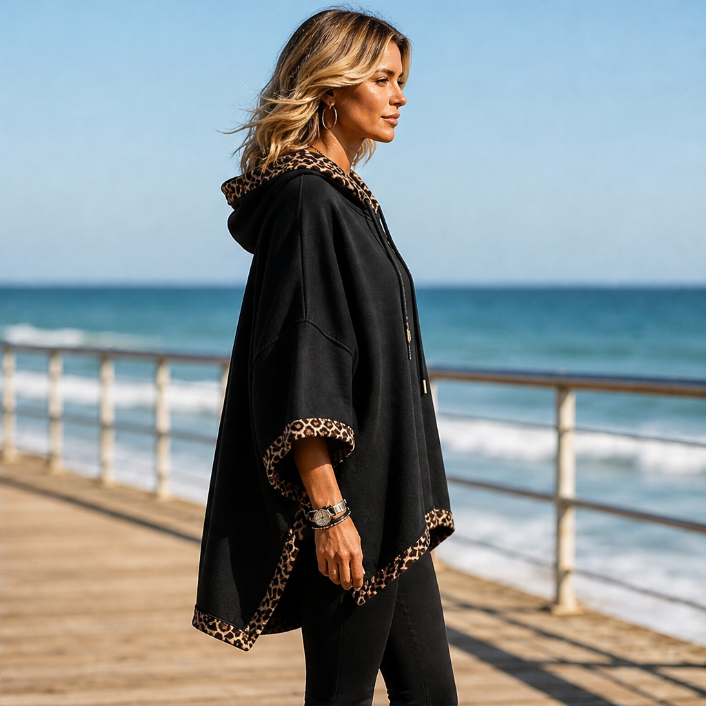 Wrenna Poncho Hoodie – Leopard Print Trim Oversized Drawstring Hood Black