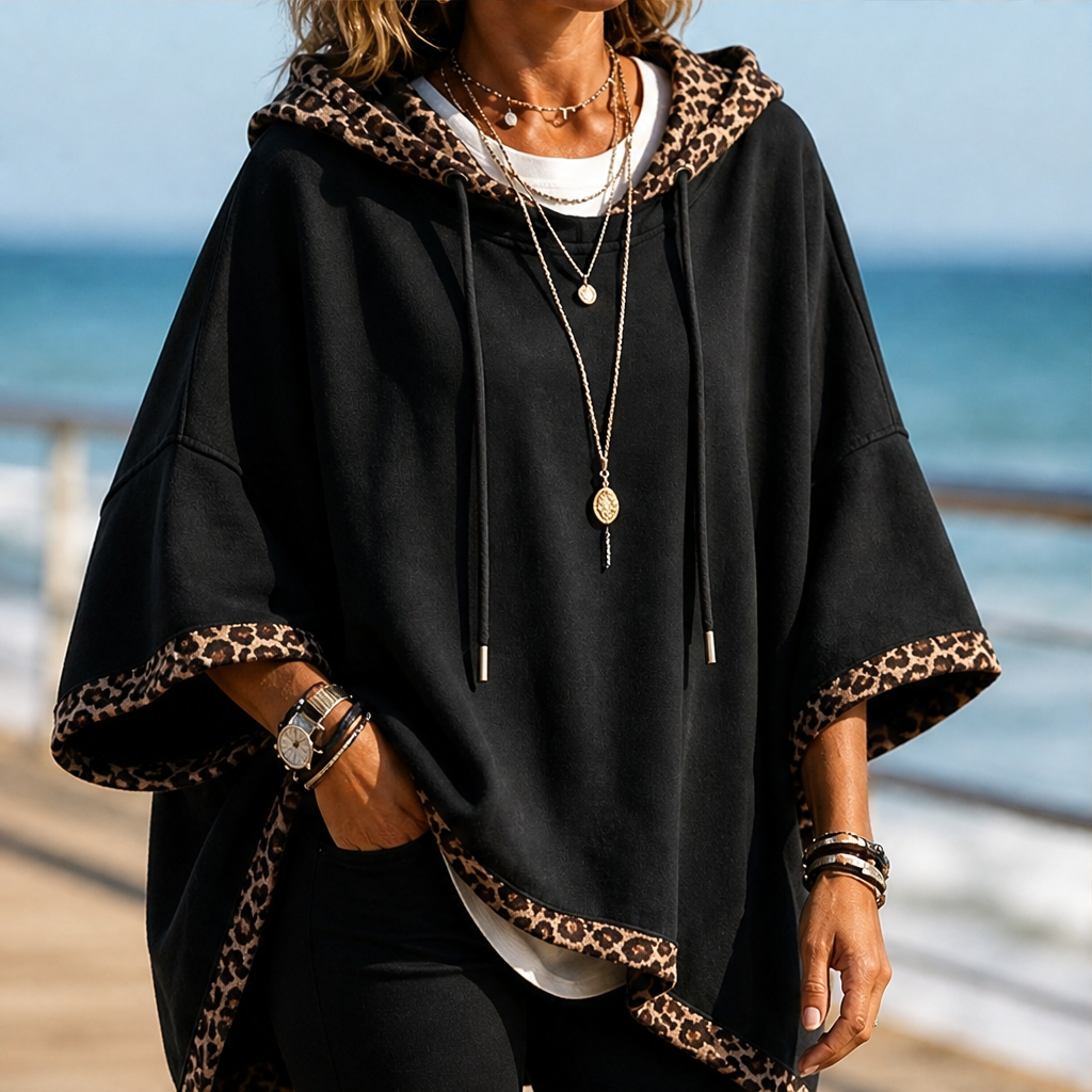 Wrenna Poncho Hoodie – Leopard Print Trim Oversized Drawstring Hood Black