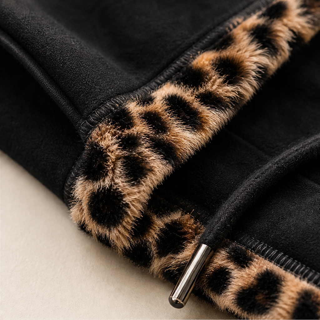 Wrenna Poncho Hoodie – Leopard Print Trim Oversized Drawstring Hood Black