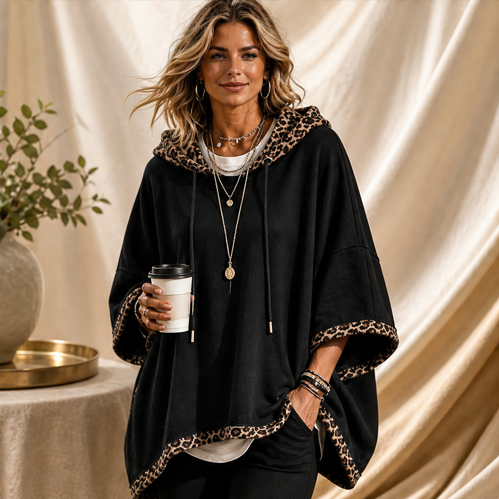 Wrenna Poncho Hoodie – Leopard Print Trim Oversized Drawstring Hood Black