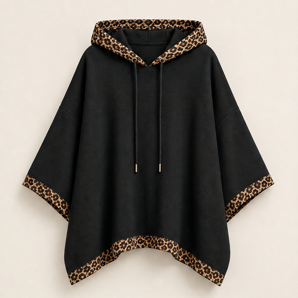 Wrenna Poncho Hoodie – Leopard Print Trim Oversized Drawstring Hood Black