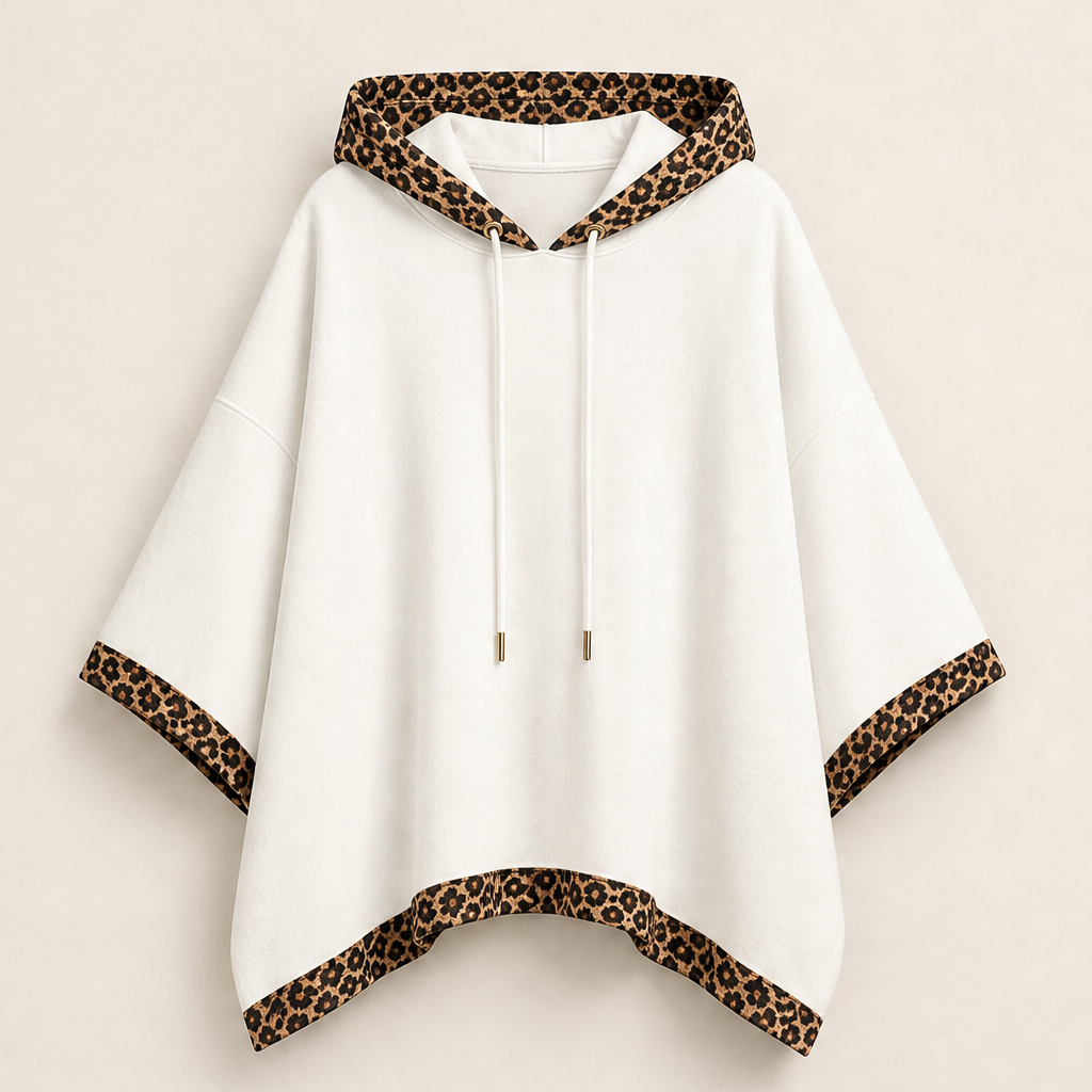 Wrenna Poncho Hoodie – Leopard Print Trim Oversized Drawstring Hood White