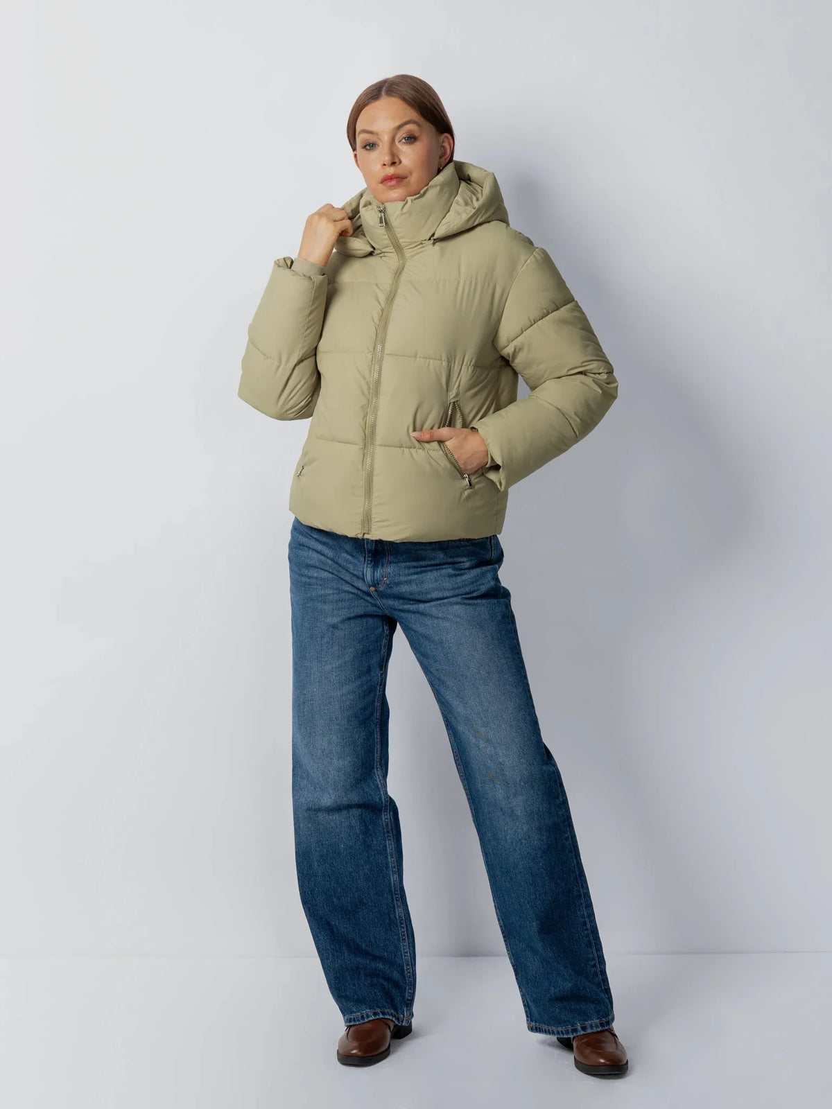 Ysolde Quilted Cropped Puffer Jacket – Olive Green