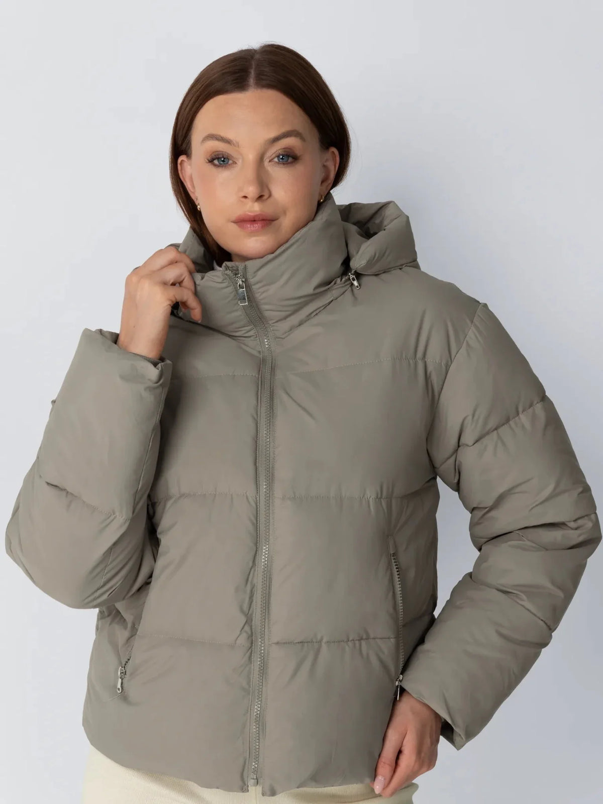 Ysolde Quilted Cropped Puffer Jacket – Taupe