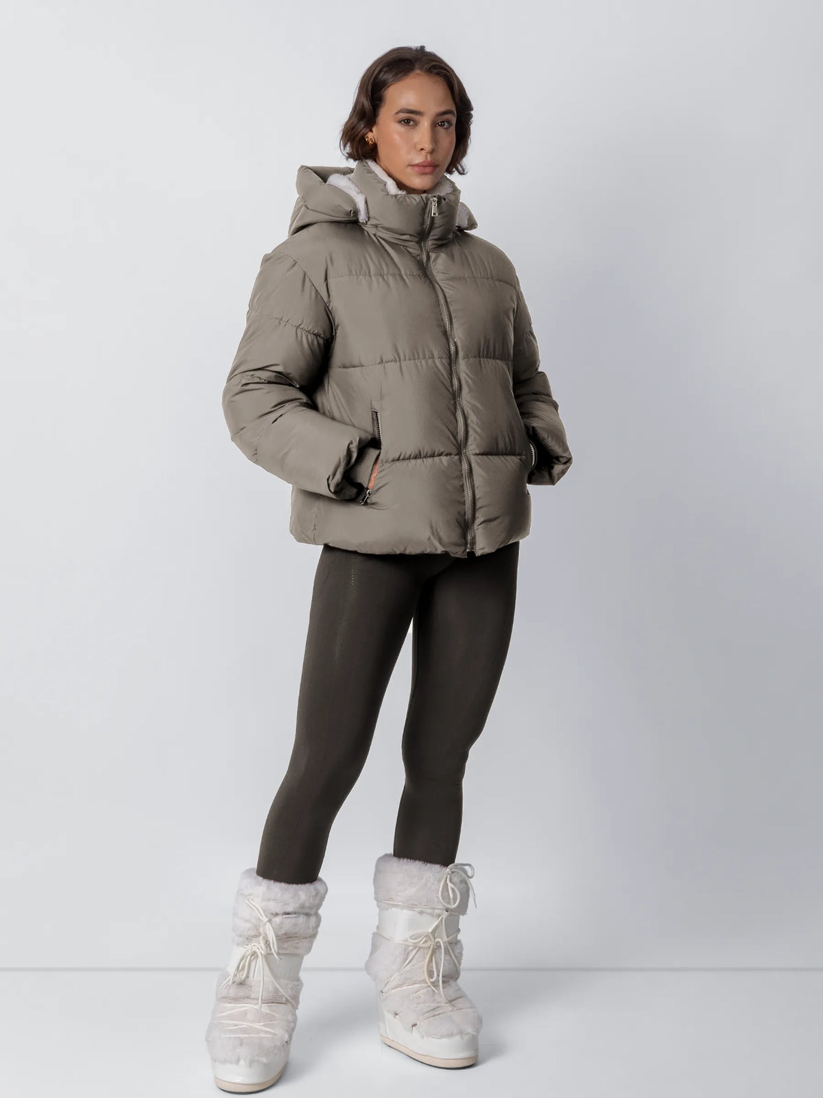 Ysolde Quilted Cropped Puffer Jacket – Taupe