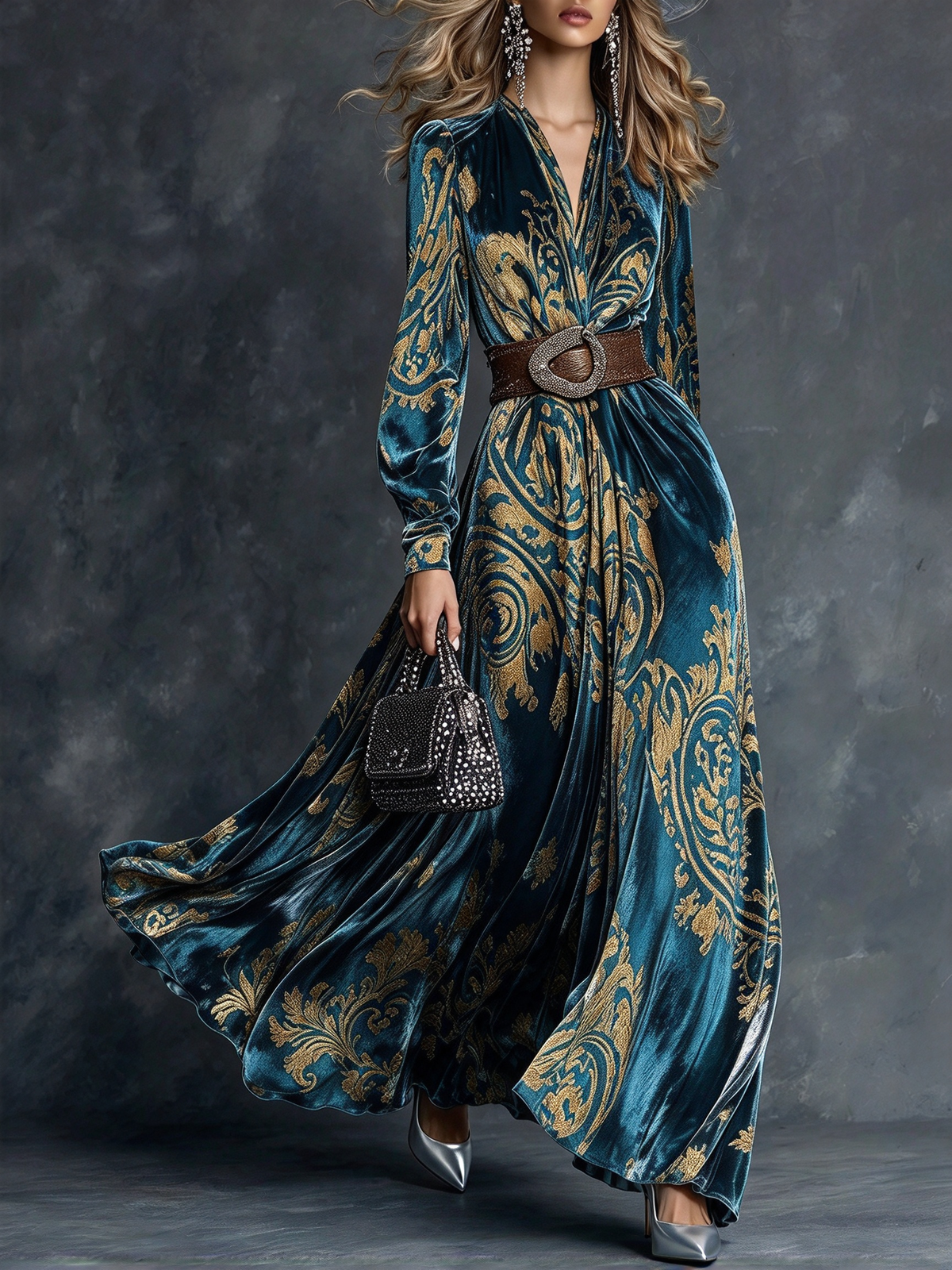 Zenobia Baroque Print V-Neck Maxi Dress - Teal